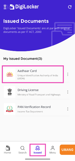 Step 6: The Aadhaar card linked to your DigiLocker account will have a masked number. Go to the Issued tab to view it.
