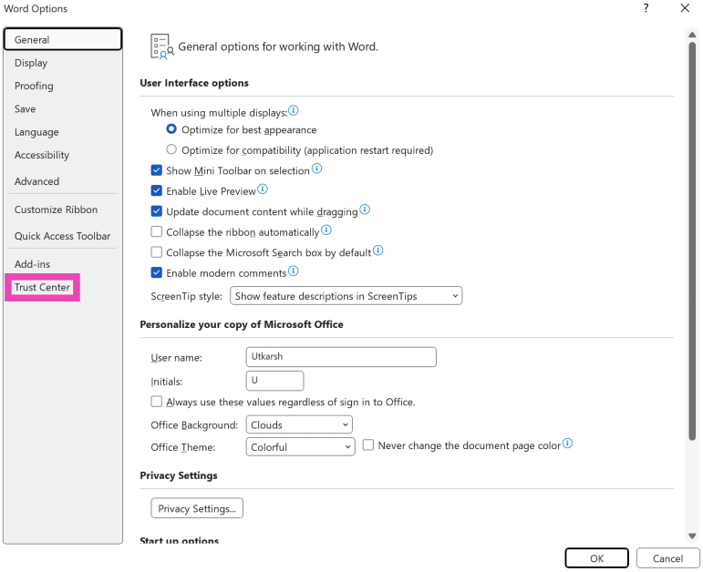 Step 3: Click on Trust Center in the sidebar.