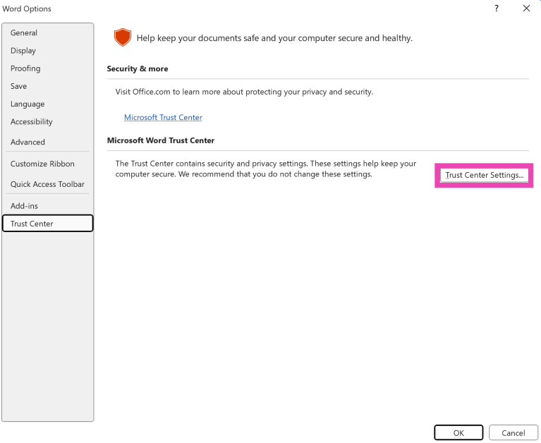 Step 4: Select Trust Center Settings. How to remove Copilot from your Microsoft 365 plan?