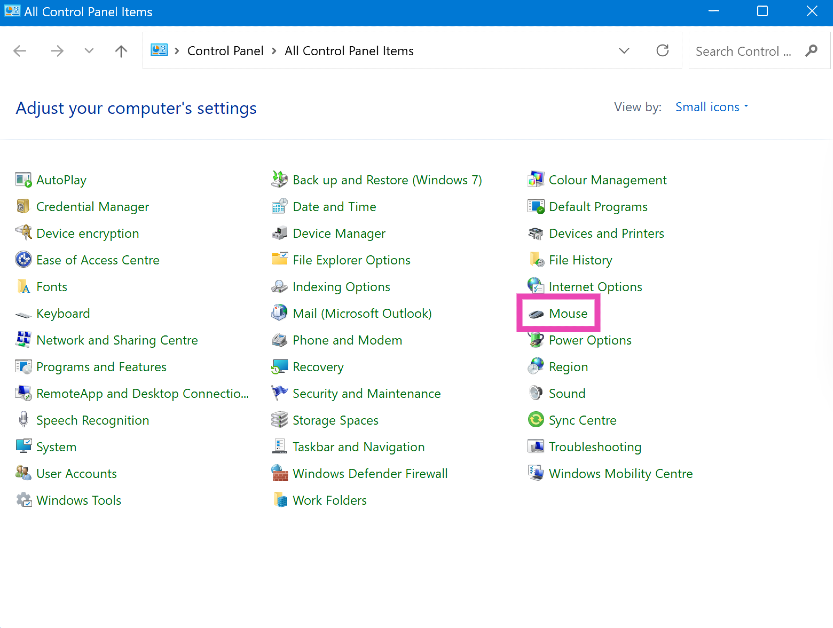 Step 1: Go to Control Panel and select Mouse.