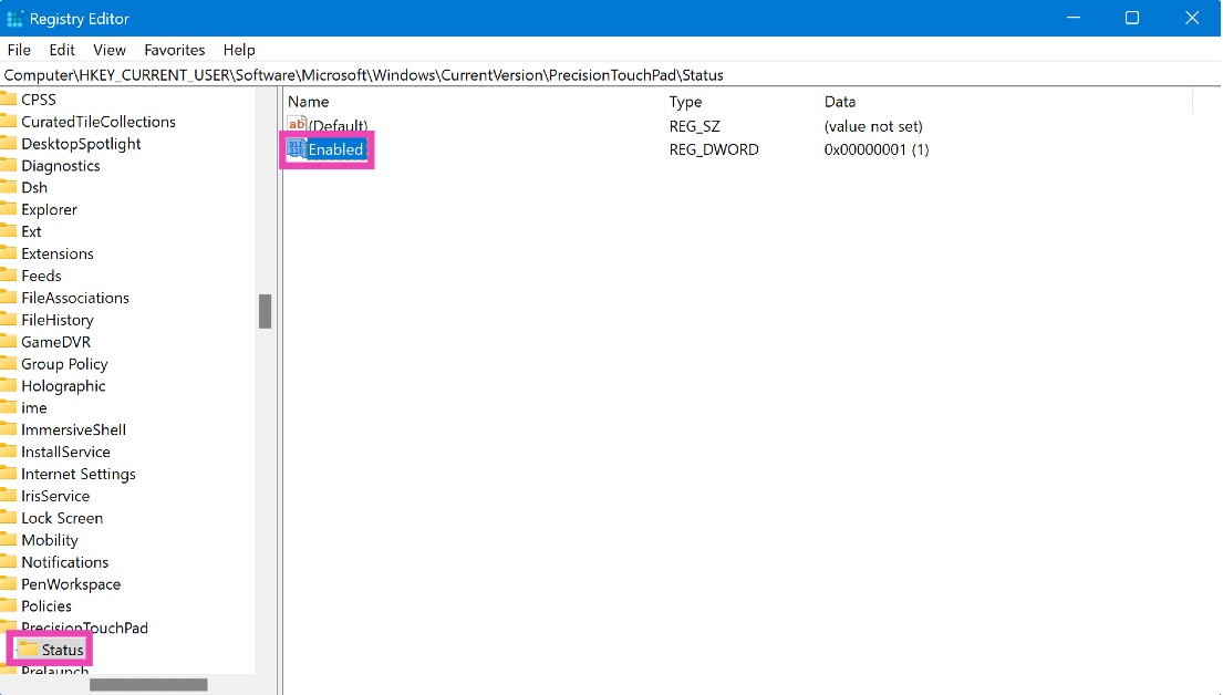 Step 3: Click on the address bar and enter the following address: Top 5 ways to disable the touchpad on a Windows 11 laptop  Computer\HKEY_CURRENT_USER\SOFTWARE\Microsoft\Windows\CurrentVersion\PrecisionTouchpad\Status
