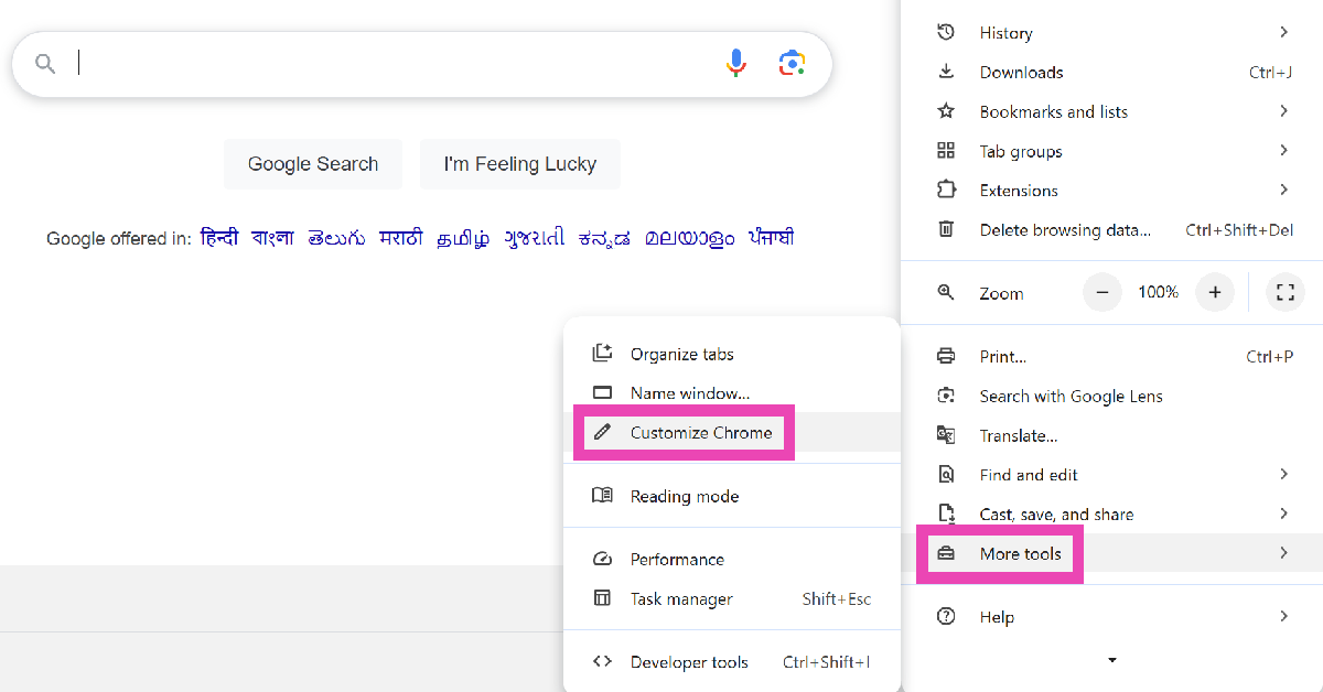 Step 2: Move the cursor to More Tools and select Customize Chrome. How to add more tools to Google Chrome’s toolbar?
