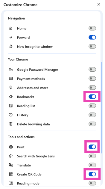 Step 4: Turn on the toggle switch next to the function you want to add to the toolbar. 