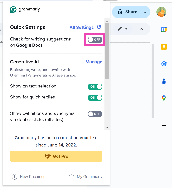 Step 3: Turn on the toggle switch next to ‘Check for writing suggestions on [x]’.