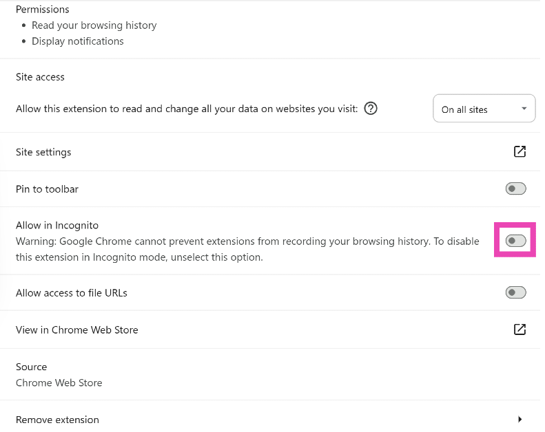 Step 3: Turn on the toggle switch next to Allow in incognito.