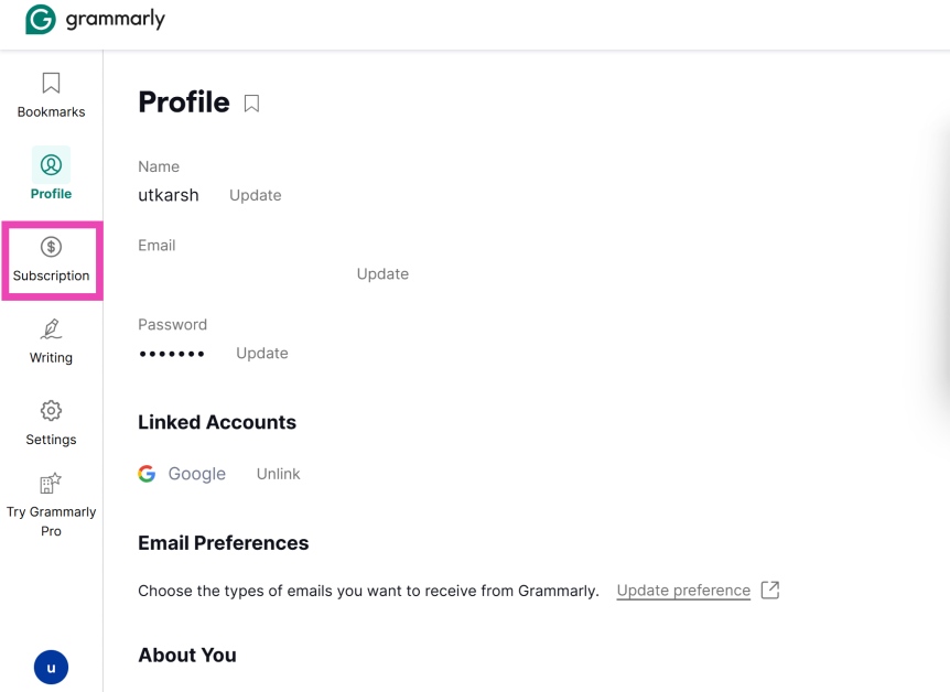 Step 2: Switch to the Subscription tab from the sidebar.