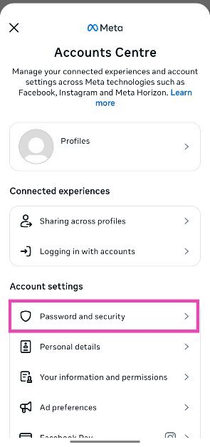 Step 4: Select Password and security.