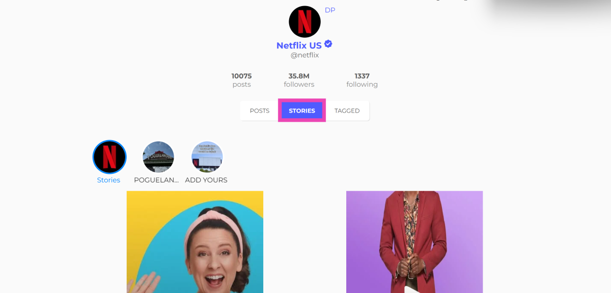 Step 6: Switch to the Stories tab to view the current stories and past highlights.
