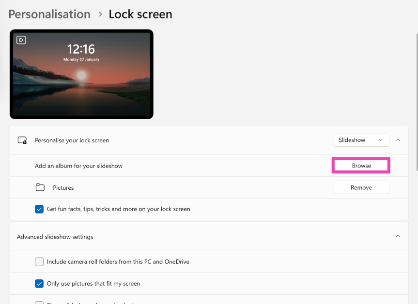Step 5: Select Picture and choose a lock screen image from the default options provided to you. Hit Browse photos to upload a picture from your PC’s storage. Alternatively, you can select Slideshow and upload multiple photos from your PC. How to change your login picture on a PC and Mac?