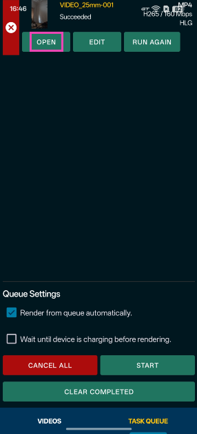 Step 9: Switch to the Task Queue tab to view the rendering process. Once the video has been rendered, tap on Open. You can also find the RAW video in your phone’s native gallery app.