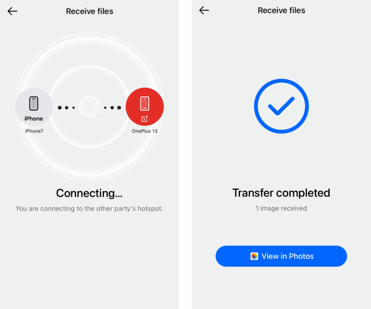 Step 8: Your iPhone will connect to your OnePlus/Oppo smartphone's WiFi hotspot. Once that's done, the transfer will be completed. 