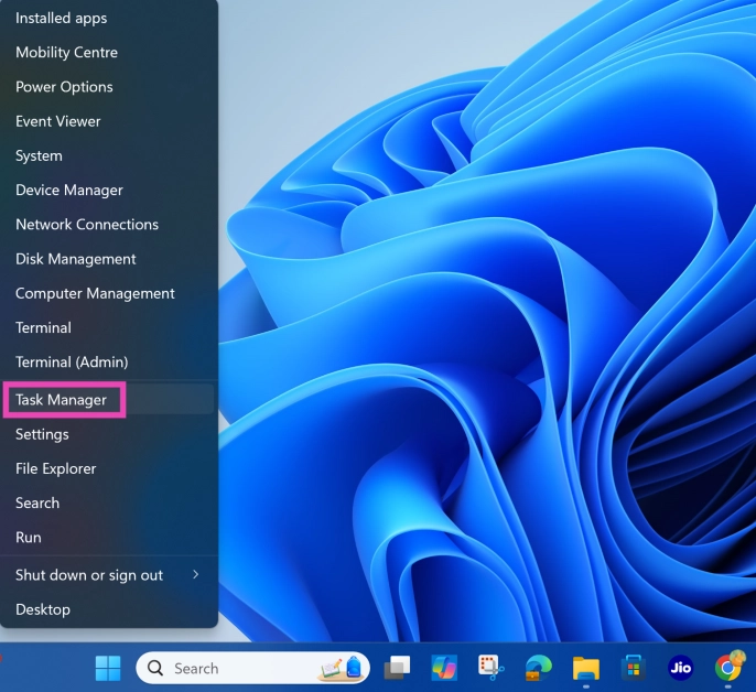 Step 1: Right-click on the Windows icon in the taskbar and select Task Manager.