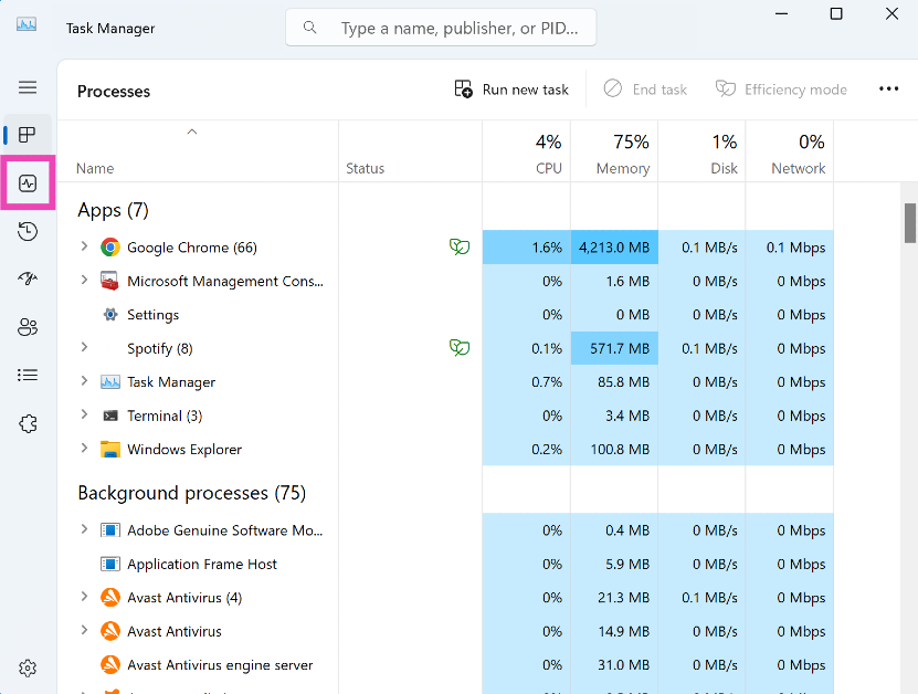 Step 2: Go to the Performance tab in the sidebar.