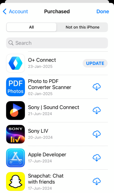 Step 4: Find the app you’re trying to update. If you can’t find the app on the list, you need to log in using the Apple ID that you used to download it.