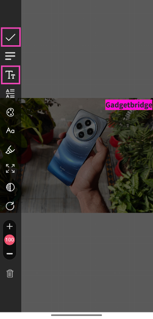 Step 6: Hit the Tt icon in the sidebar and type the word(s) you want on the watermark. Use the sidebar options to change its font, size, opacity, colour, and more. Drag the watermark on the image to change to change its position. Hit the tick icon when you're done.