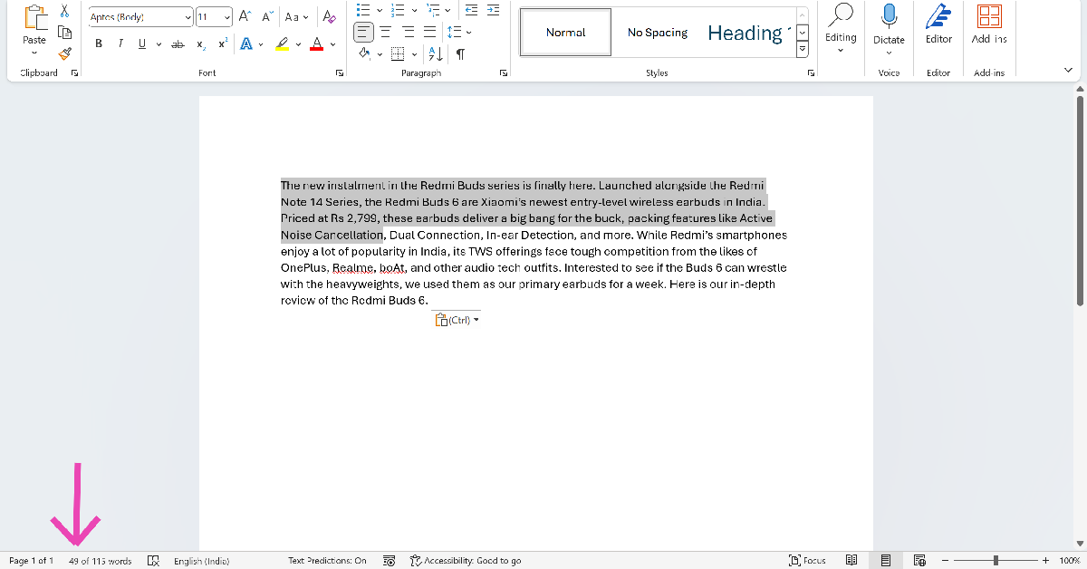Check word count for selected text
