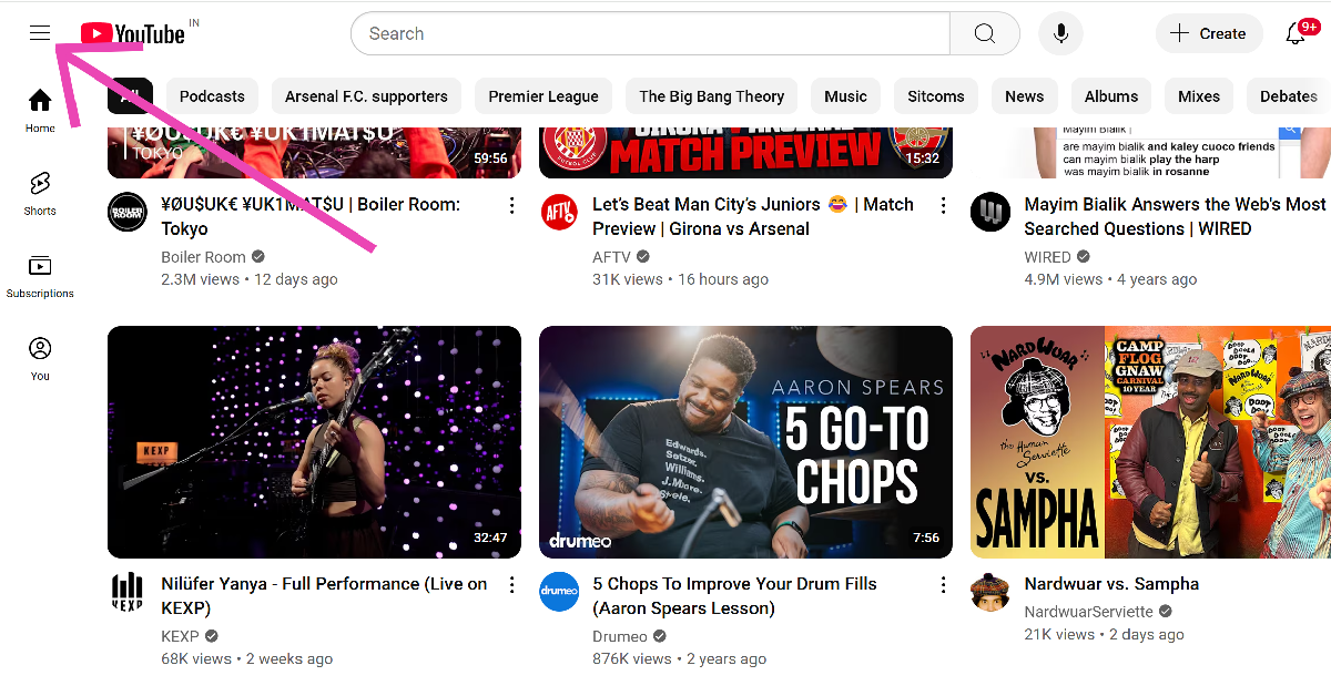 Step 1: Go to YouTube and hit the hamburger menu in the top left corner of the screen.