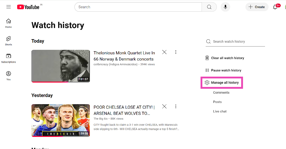 Step 3: Click on Manage all history. How to clear YouTube search history on your phone and PC?