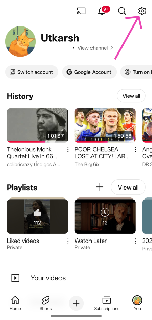 Step 3: Hit the cog wheel icon in the top right corner of the screen. How to clear YouTube search history on your phone and PC?
