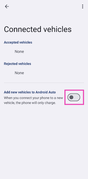 Step 5: Go to the previous page and turn off the toggle switch next to Add new vehicles to Android Auto.