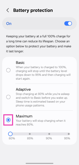 Step 5: Tap on Maximum. How to set a custom charging limit on your Samsung phone? (One UI 7)