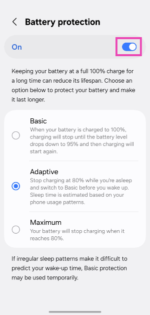 Step 4: Turn on the toggle switch at the top of the screen. How to set a custom charging limit on your Samsung phone? (One UI 7)