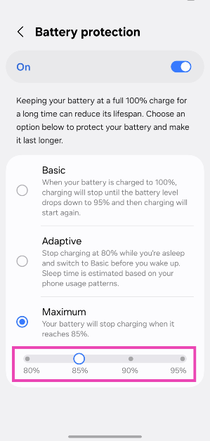 Step 6: Use the slider to set a charging limit between 80% and 95%. How to set a custom charging limit on your Samsung phone? (One UI 7)