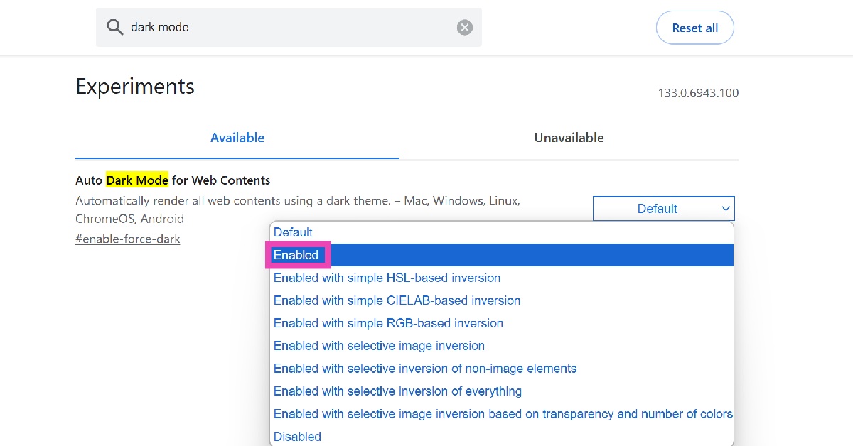 Step 3: Hit the dropdown menu next to Auto Dark Mode for Web Contents and select Enabled.