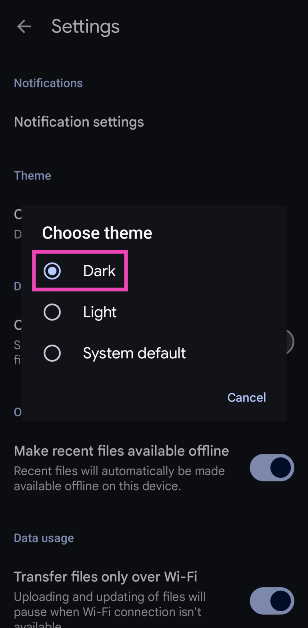 Step 4: Select Dark from the list.