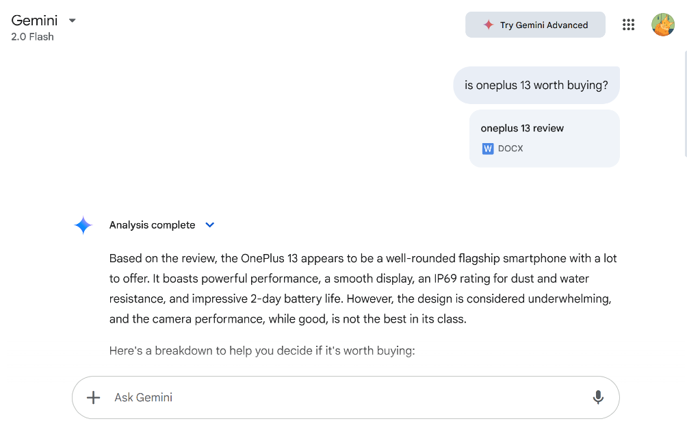 Step 5: Once the file has been uploaded, you can ask Gemini follow-up questions about it. How to upload files to Gemini and analyse them?