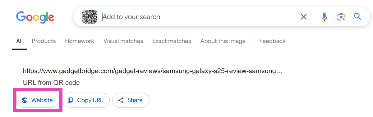 Step 4: Google Lens will scan the code for you. Click on Website to go to the link embedded in the QR code.
