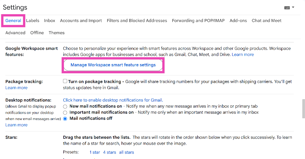 Step 3: Scroll down to Google Workspace smart features in the General tab and click on Manage Workspace smart feature settings.