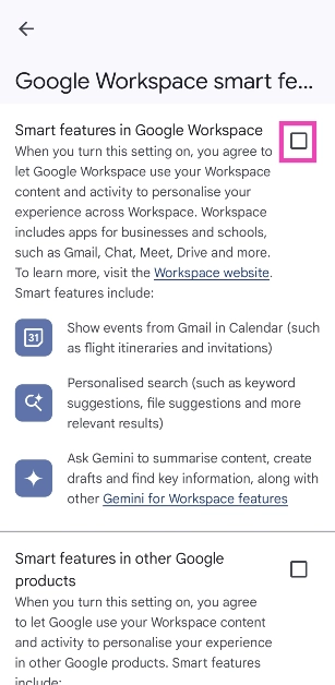 Step 6: Uncheck the box next to Smart features in Google Workspace.
