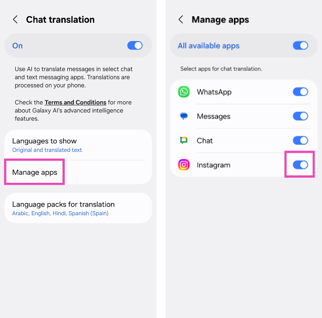 Step 5: Tap on Manage apps and make sure the toggle switch next to Instagram is turned on. How to translate Instagram DMs?