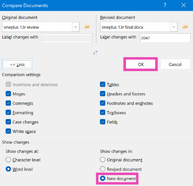 Step 5: Hit More and select the comparison parameters. You can also choose whether the changes show up in the original document, revised document, or a new document.