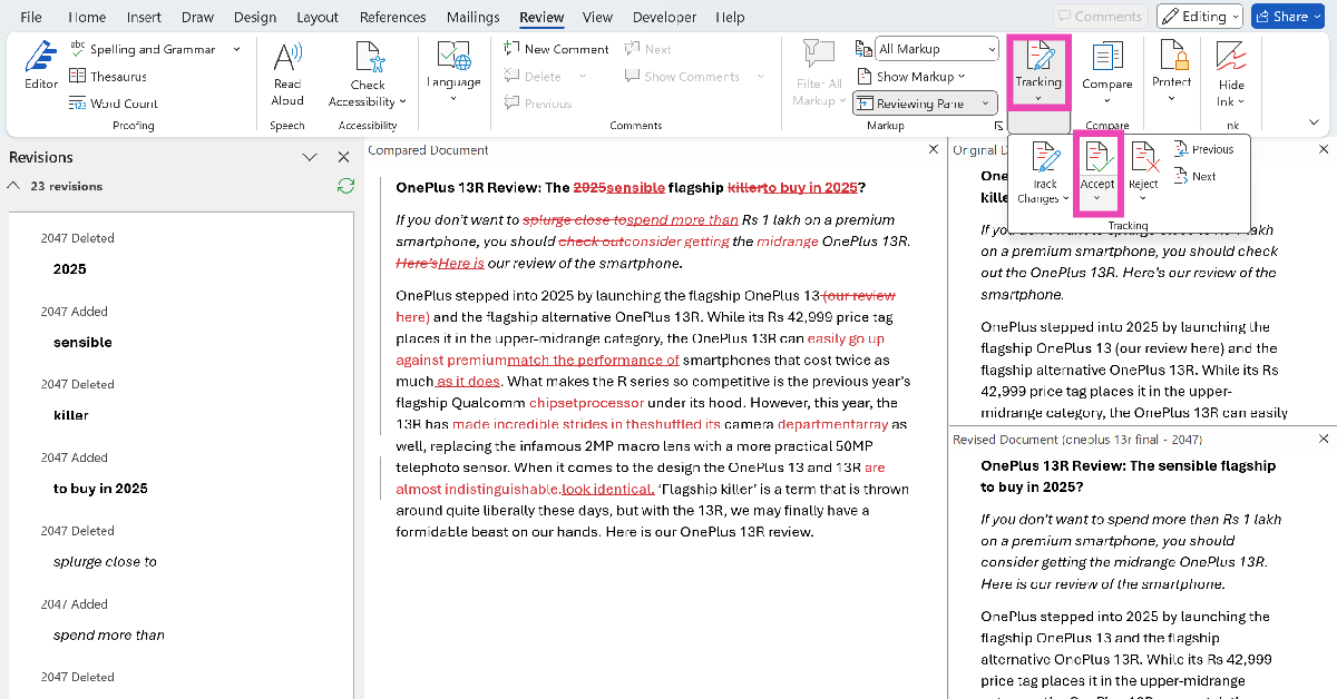 Step 2: To accept all changes, click on Tracking and hit Accept. compare microsoft word documents side by side