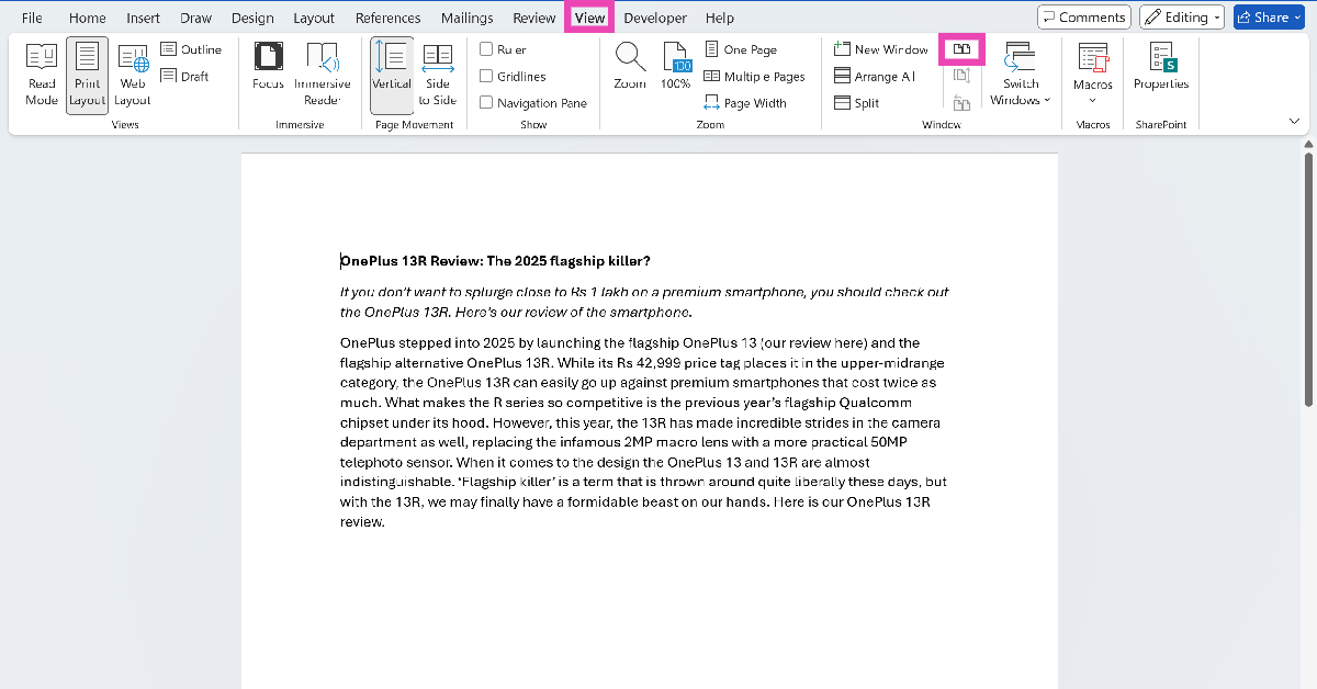 Step 2: Go to one of the documents and click the View tab. How to compare two documents in Microsoft Word? compare microsoft word documents side by side