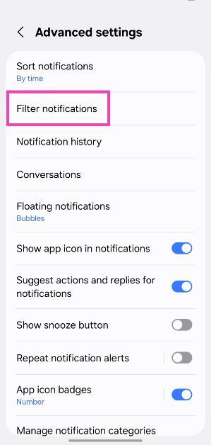 Step 5: Tap on Filter notifications. How to filter notifications on your Samsung phone? (One UI 7)