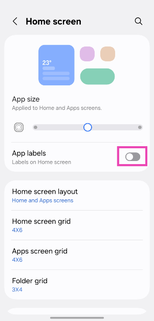 Step 3: Turn off the toggle switches next to App labels and Widget labels.