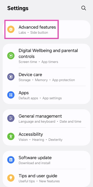 Step 1: Go to Settings and select Advanced features.