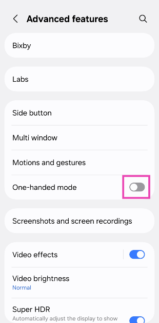 Step 2: Turn on the toggle switch next to One-handed mode.