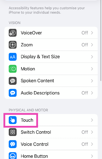Step 2: Tap on Touch.