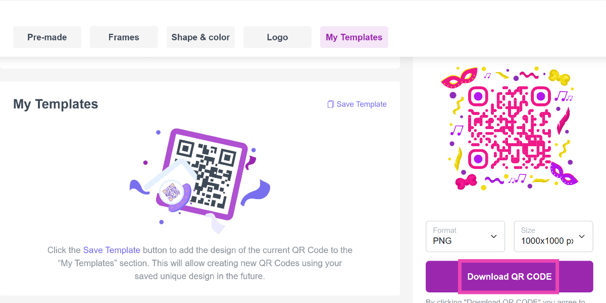 Step 6: Choose the format and size for the QR from the panel on the right.