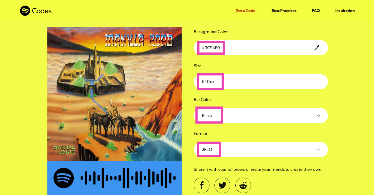 Step 9: Choose the background colour, size, bar colour, and format. How to Create a Spotify scan Code?