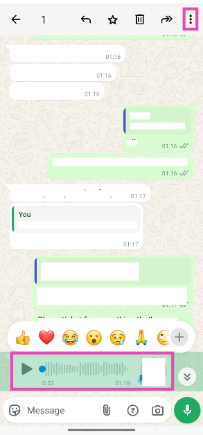 Step 2: Long-press the voice note and tap the ellipses in the top right corner of the screen.