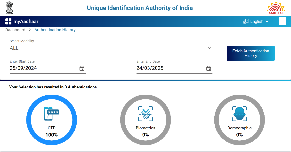 Step 9: Scroll down to view your Aadhaar authentication history.