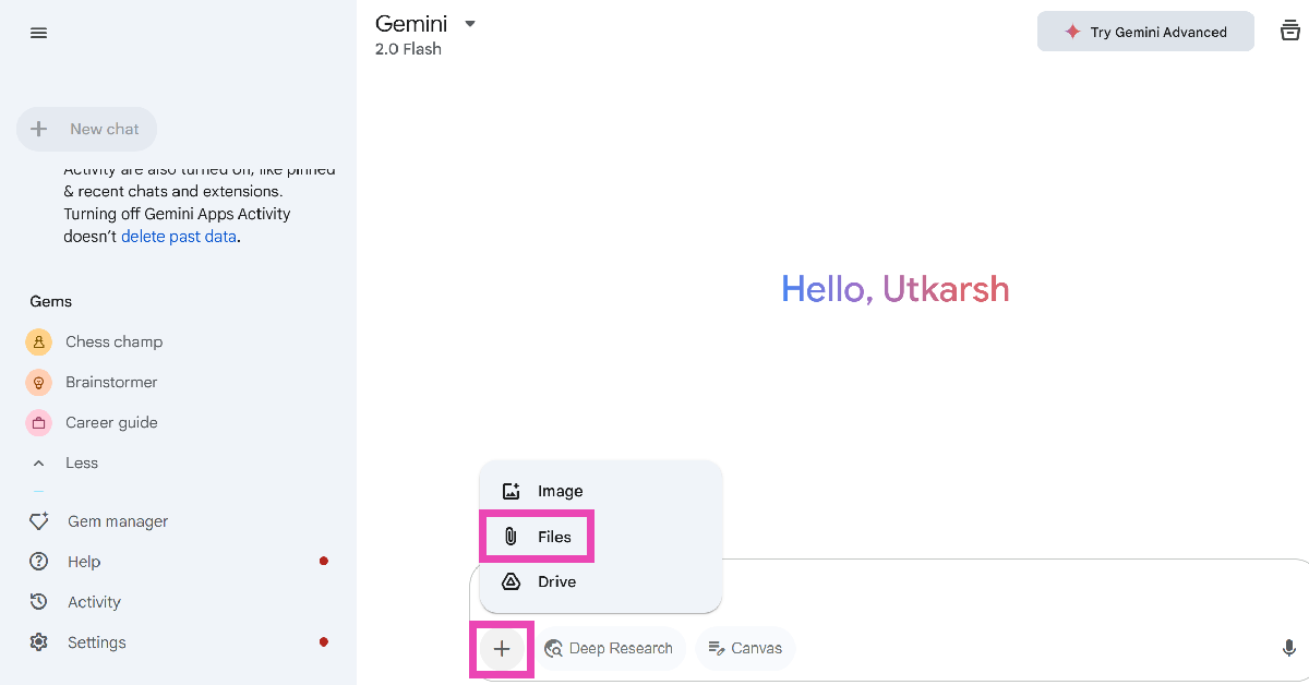 Step 2: Hit the plus icon next to the text box and select Files.