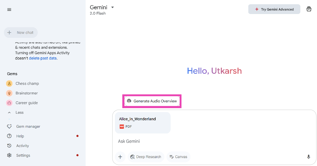 Step 4: Once the file has been uploaded, click the Generate Audio Overview button.