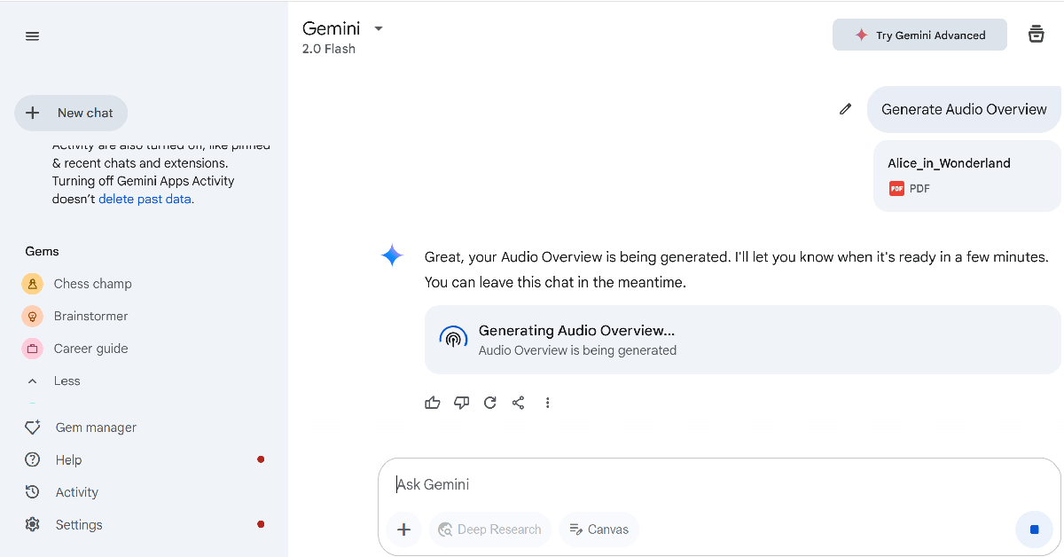 Step 5: Gemini will take a few minutes to generate a podcast based on the file. The duration of rendering the podcast depends on the size of the file.