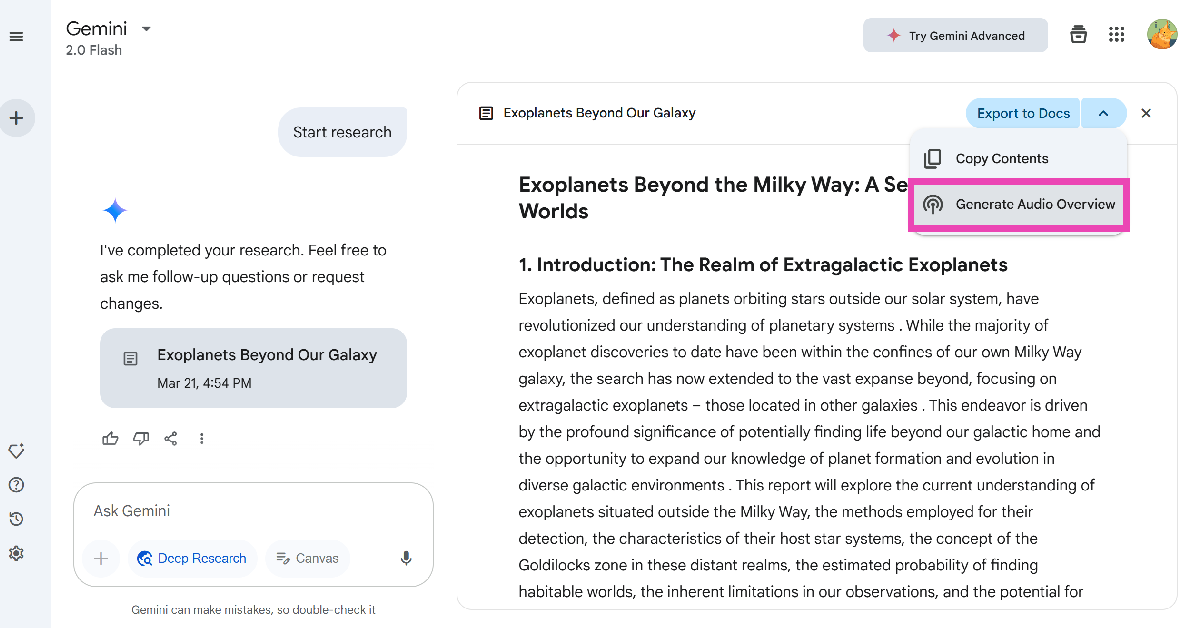 Step 4: Click on Generate Audio Overview to turn the report into a podcast. How to generate podcasts using Google Gemini?